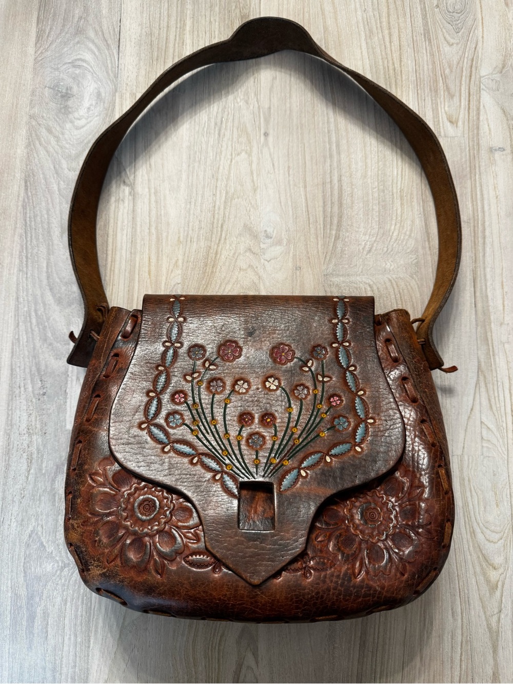 Vintage 70s Hand-Tooled Brown Leather Floral Shoulder Bag, Mexico Made